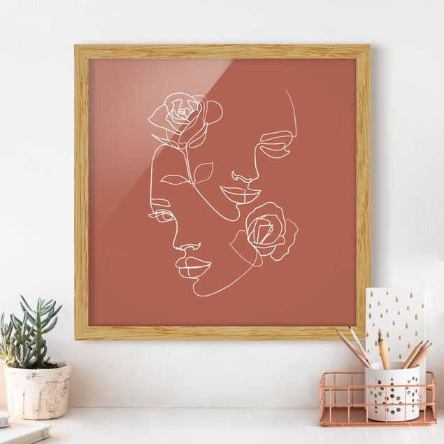 Framed poster - Line Art Faces Women Roses Copper