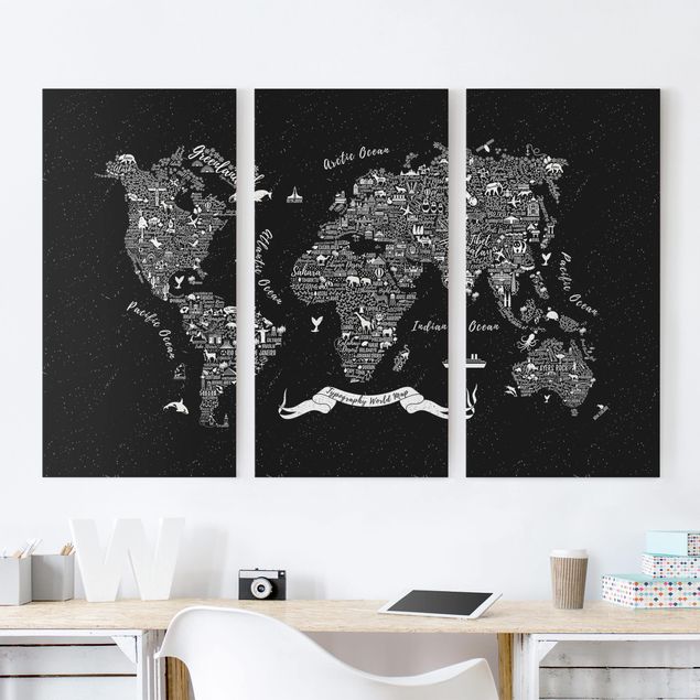 Print on canvas 3 parts - Typography World Map Black