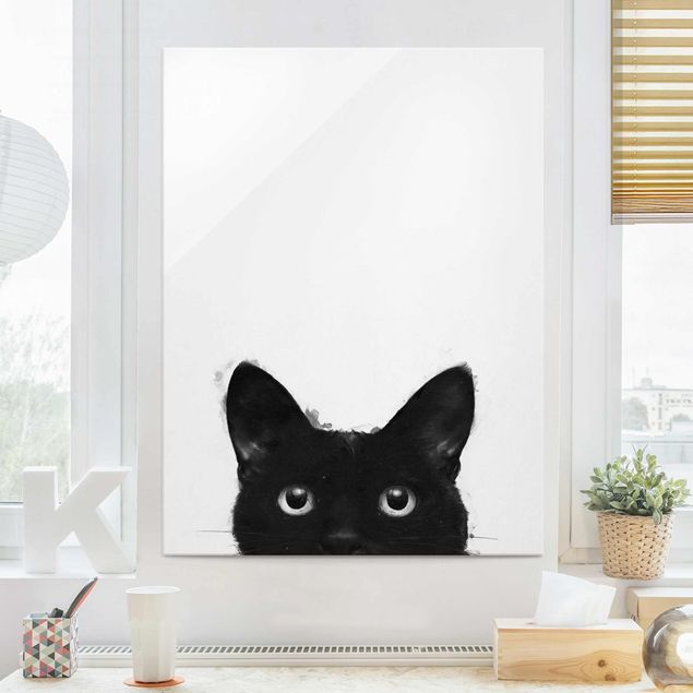 Glass print - Illustration Black Cat On White Painting