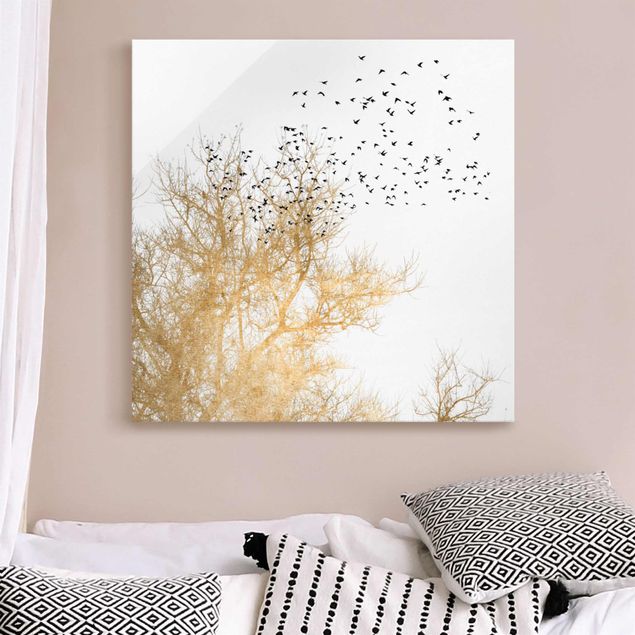 Glas Magnetboard Flock Of Birds In Front Of Golden Tree