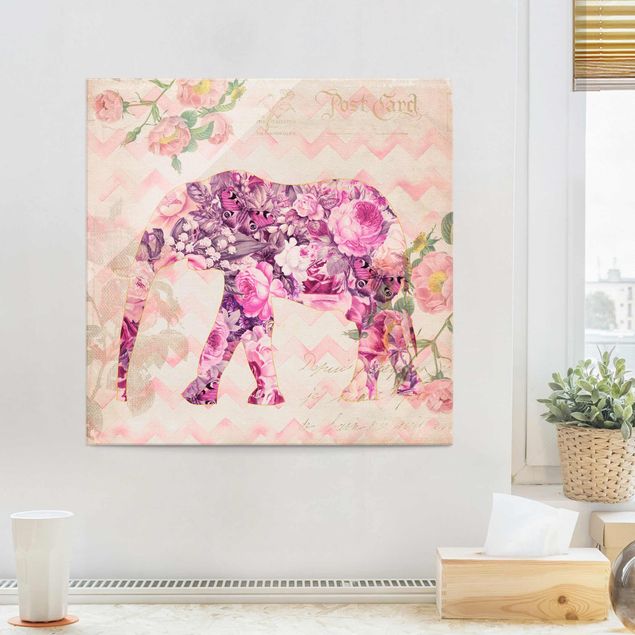 Glas Magnettafel Vintage Collage - Pink Flowers Elephant