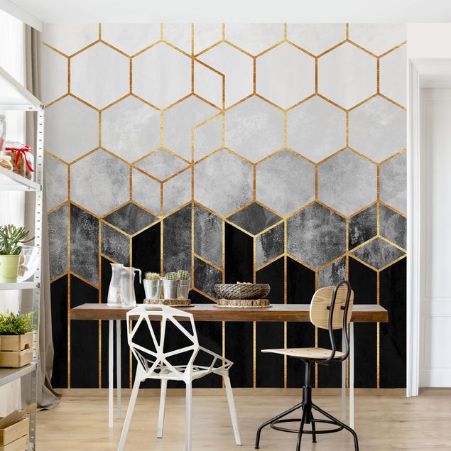 Wallpaper - Golden Hexagons Black And White