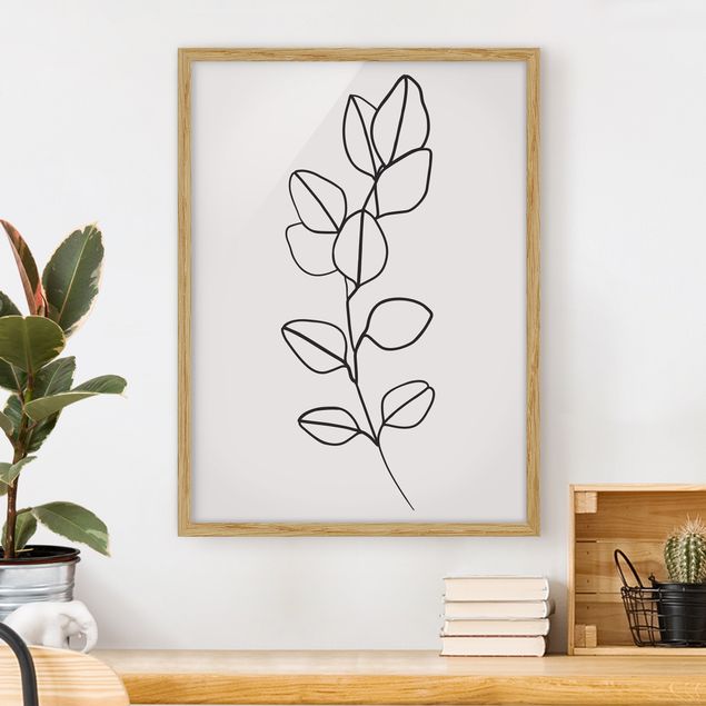 Framed poster - Line Art Branch Leaves Black And White