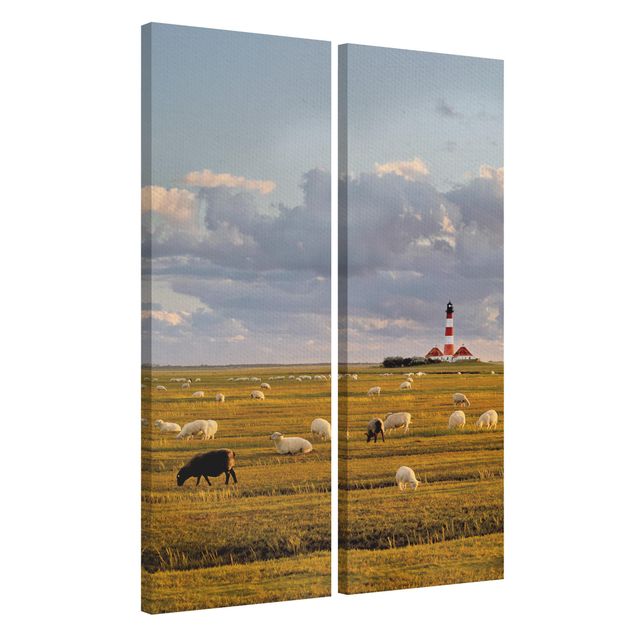 Print on canvas 2 parts - North Sea Lighthouse With Flock Of Sheep