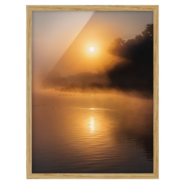 Framed poster - Sunrise on the lake with deers in the fog