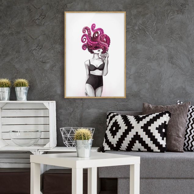 Framed poster - Illustration Woman In Underwear Black And White Octopus