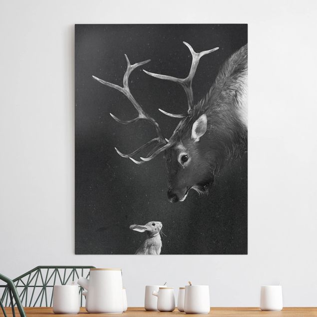 Canvas print - Illustration Deer And Rabbit Black And White Drawing