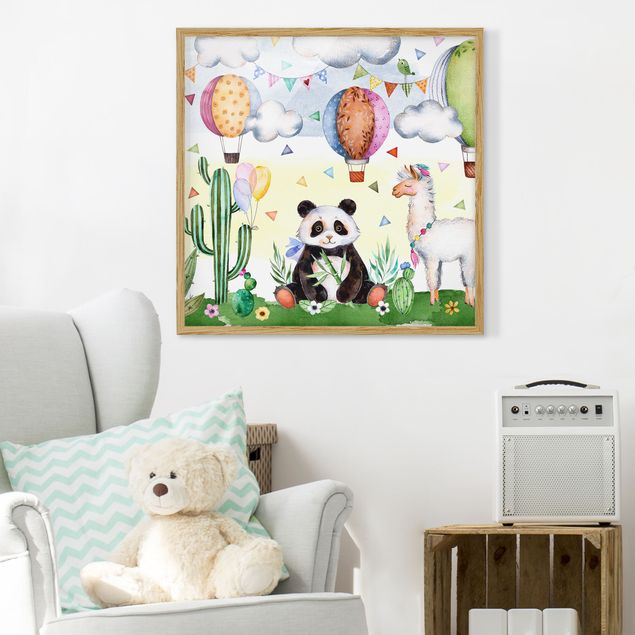 Framed poster - Panda And Lama Watercolour