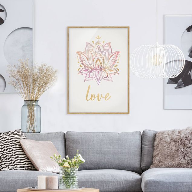 Framed poster - Lotus Illustration Love Gold Light Pink