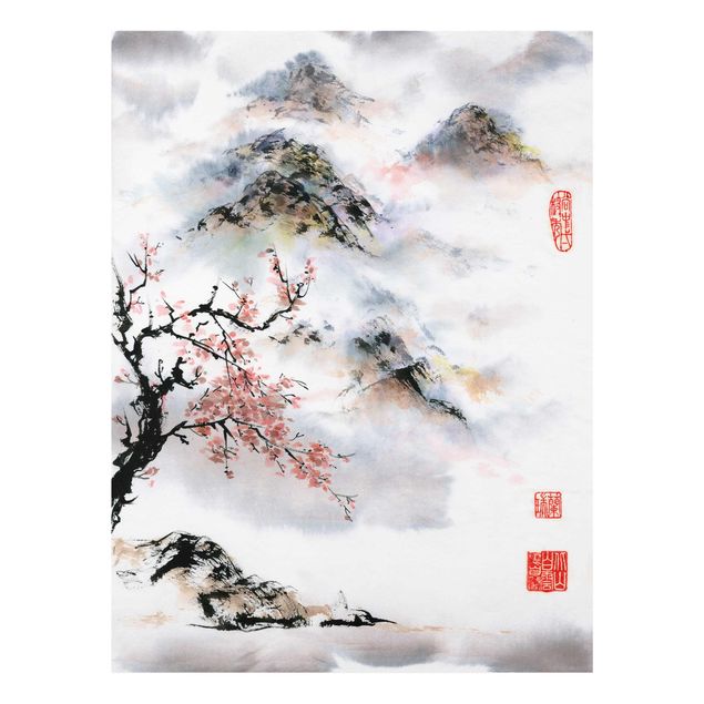 Glass print - Japanese Watercolour Drawing Cherry Tree And Mountains