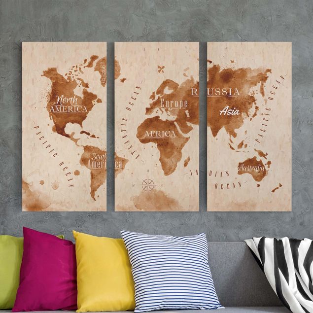 Print on canvas 3 parts - World Map Watercolour Beige Brown