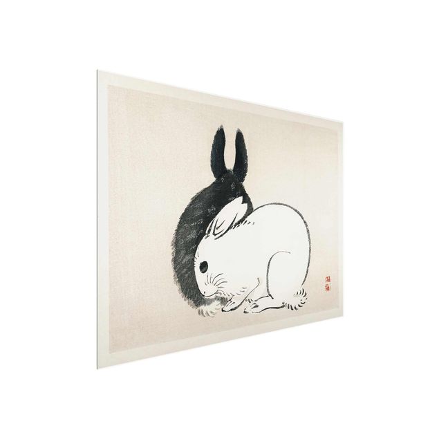 Glass print - Asian Vintage Drawing Two Bunnies