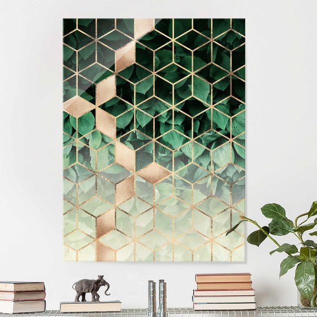 Glass print - Green Leaves Golden Geometry