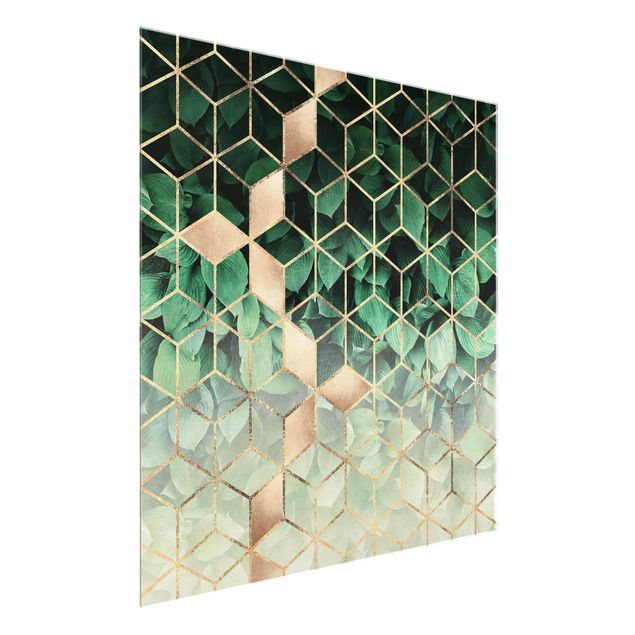 Glass print - Green Leaves Golden Geometry