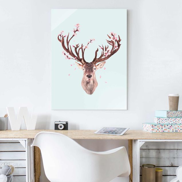 Glas Magnetboard Deer With Cherry Blossoms