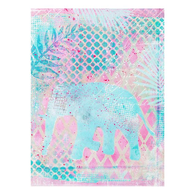 Glass print - Colourful Collage - Elephant In Blue And Pink