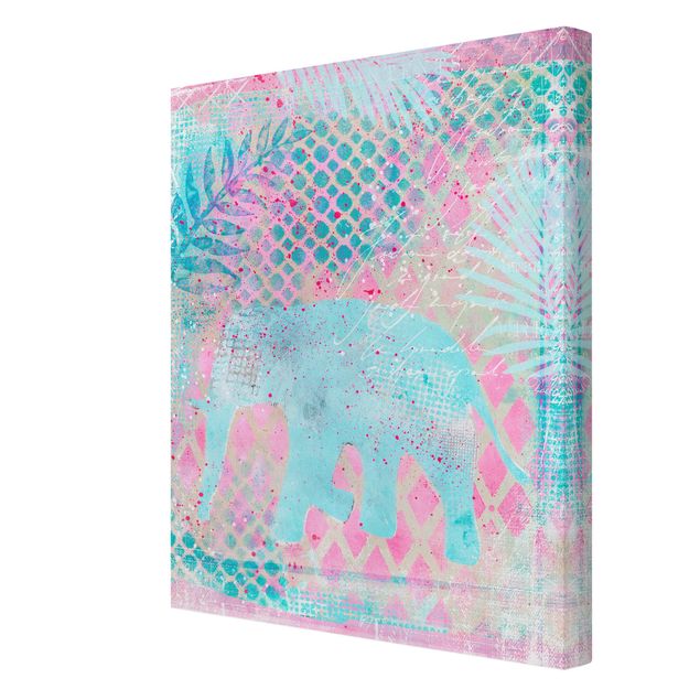 Print on canvas - Colourful Collage - Elephant In Blue And Pink