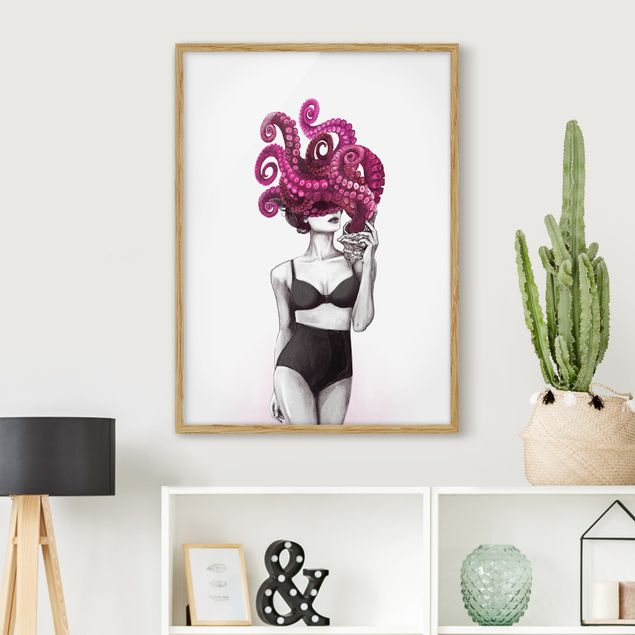 Framed poster - Illustration Woman In Underwear Black And White Octopus