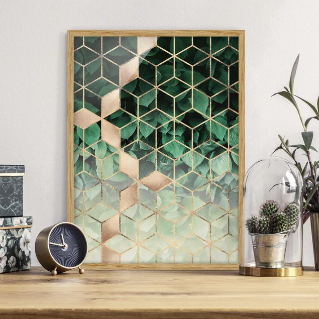 Framed poster - Green Leaves Golden Geometry