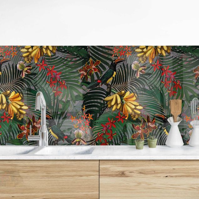 Kitchen splashback patterns Tropical Ferns With Tucan Green