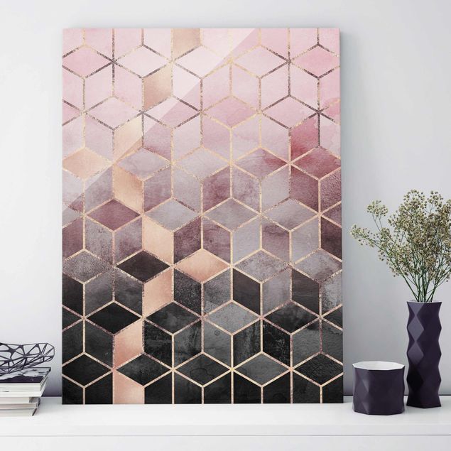 Glass print - Pink Grey Golden Geometry