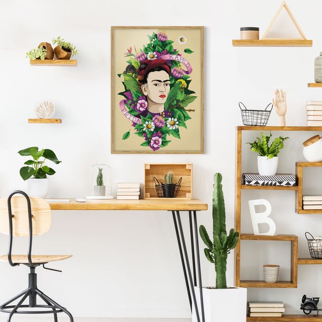 Framed poster - Frida Kahlo - Frida, Monkey And Parrot