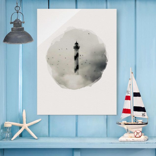 Glass print - WaterColours - Lighthouse In The Fog