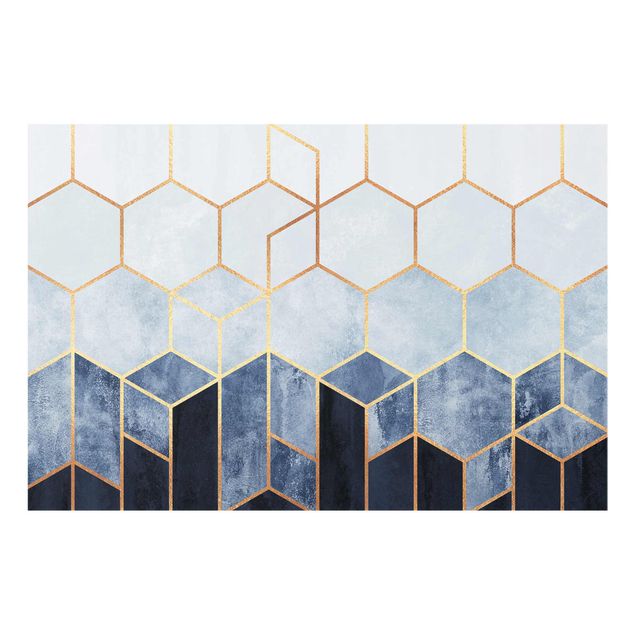 Glass print - Golden Hexagons Blue White