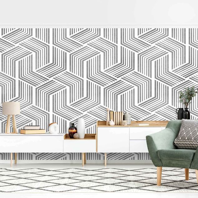 Walpaper - 3D Pattern With Stripes In Silver
