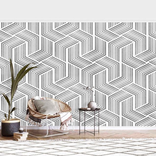 Wallpaper - 3D Pattern With Stripes In Silver