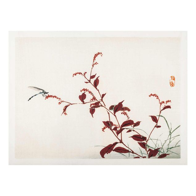 Glass print - Asian Vintage Drawing Red Branch With Dragonfly