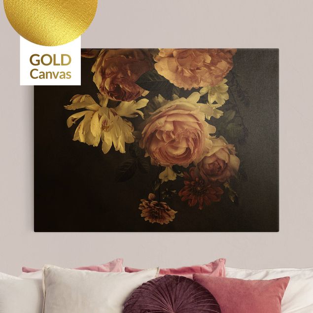Canvas print gold - Pink Flowers On Black Vintage
