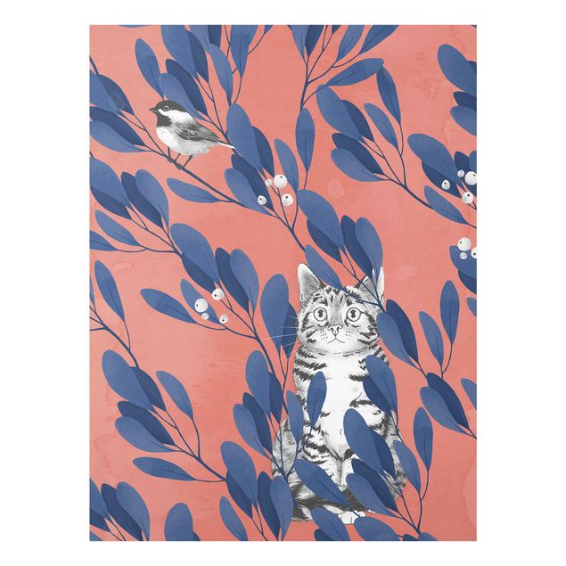 Glass print - Illustration Cat And Bird On Branch Blue Red