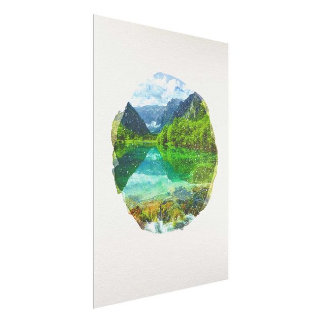 Glass print - WaterColours - Mountain Lake With Mirroring