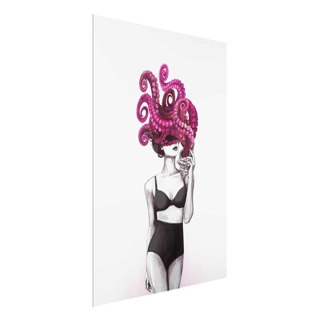 Glass print - Illustration Woman In Underwear Black And White Octopus