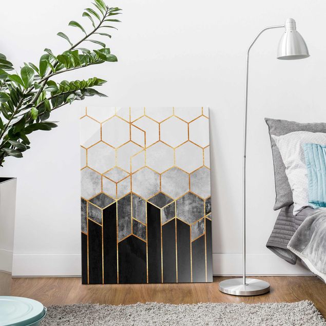 Glas Magnetboard Golden Hexagons Black And White