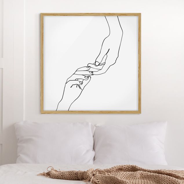 Framed poster - Line Art Hands Touching Black And White