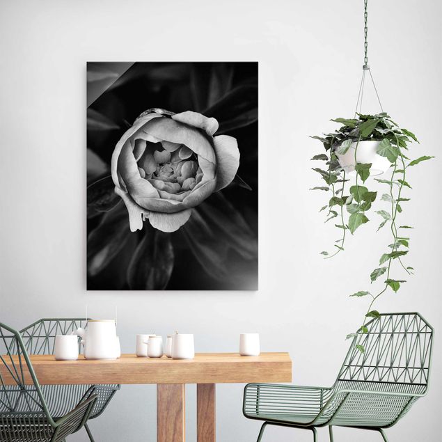Glas Magnettafel Peonies In Front Of Leaves Black And White