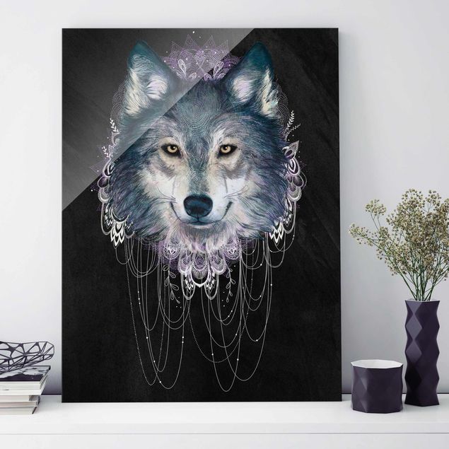 Glass print - Illustration Wolf Boho Dream Catcher Black