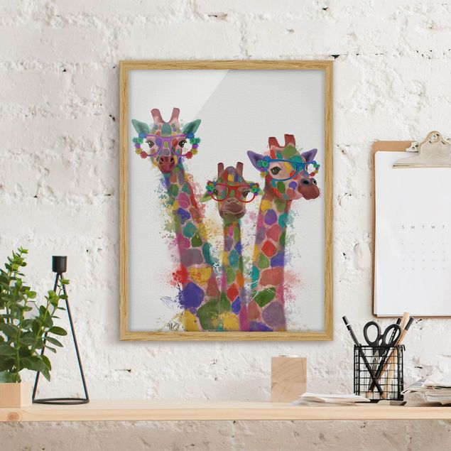 Framed poster - Rainbow Splash Giraffe Trio