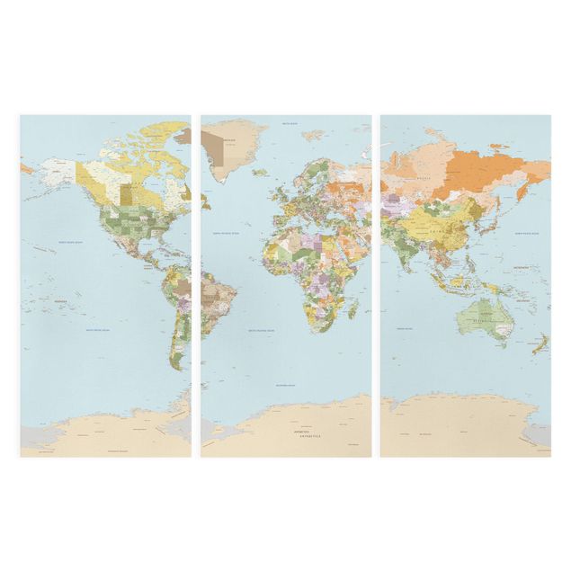 Print on canvas 3 parts - Political World Map