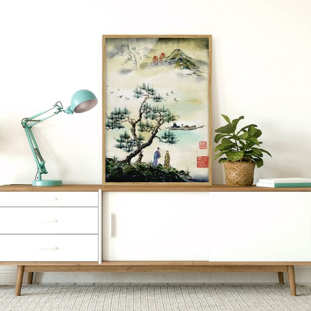 Framed poster - Japanese Watercolour Drawing Pine And Mountain Village