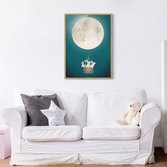 Framed poster - Illustration Rabbits Moon As Hot-Air Balloon Starry Sky