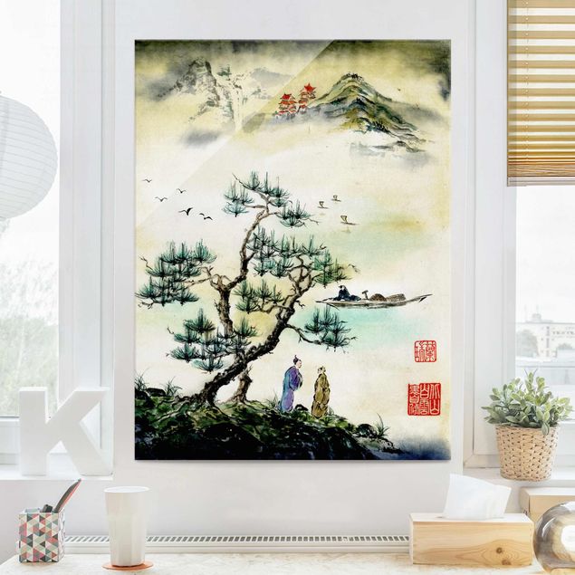 Glas Magnetboard Japanese Watercolour Drawing Pine And Mountain Village