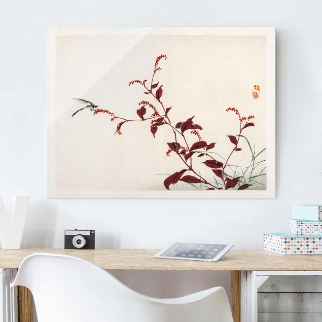 Glas Magnetboard Asian Vintage Drawing Red Branch With Dragonfly