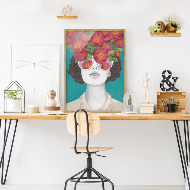 Framed poster - Illustration Portrait Woman Collage With Flowers Glasses