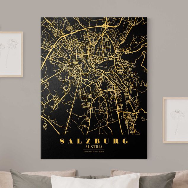 Canvas print gold - Salzburg City Map - Classic Black