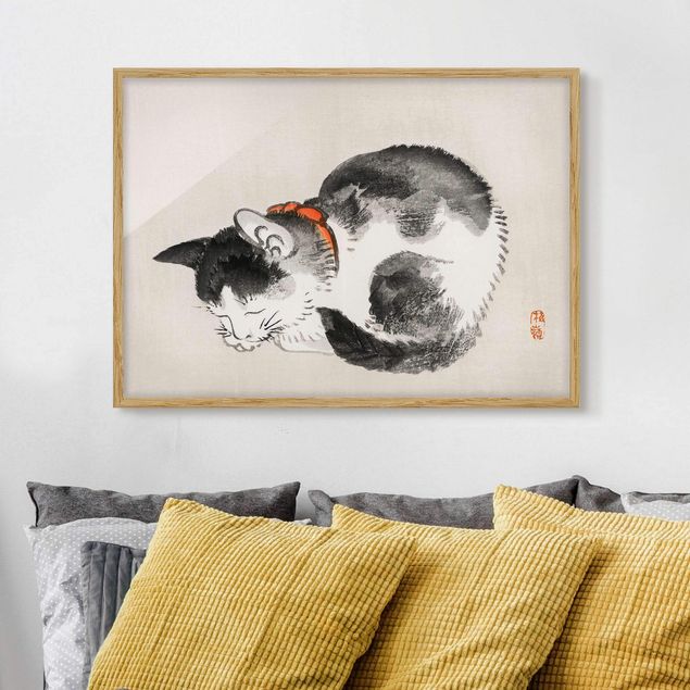 Framed poster - Asian Vintage Drawing Sleeping Cat