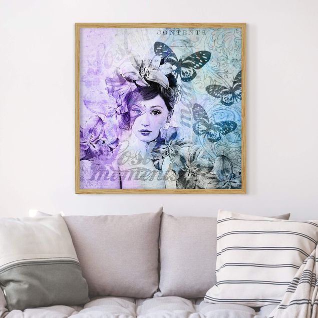 Framed poster - Shabby Chic Collage - Portrait With Butterflies