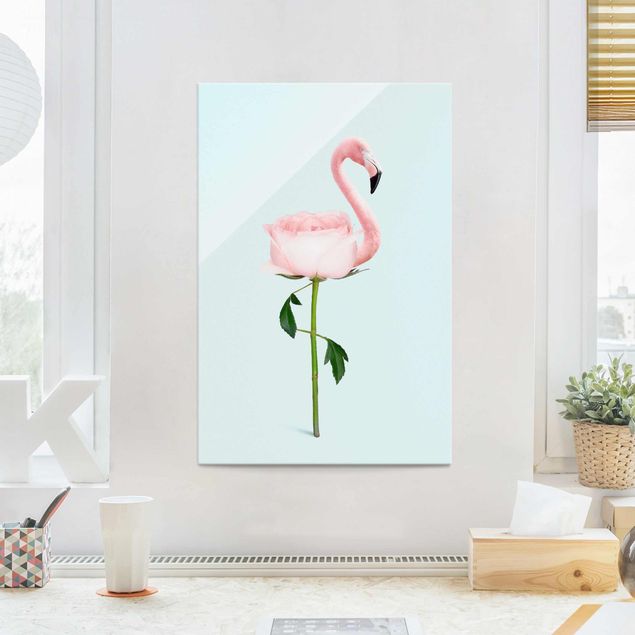 Glas Magnetboard Flamingo With Rose